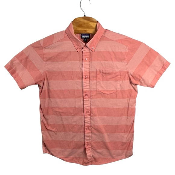 Patagonia Mens M Orange Striped Organic Cotton Short Sleeve Button Sown Shirt - Picture 2 of 6